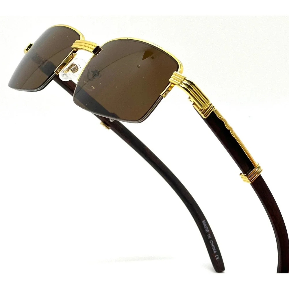 Gold Frame Sunglasses Brown Lens Wood Arms Men's Rectangular Buffs Shades Classy
